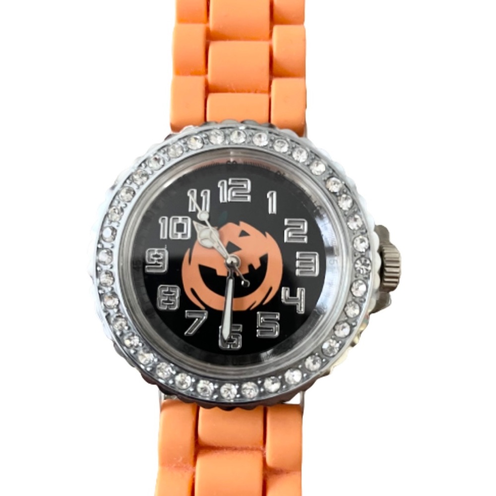 Halloween Jack-O-Lantern rhinestone watch with orange band 🎃